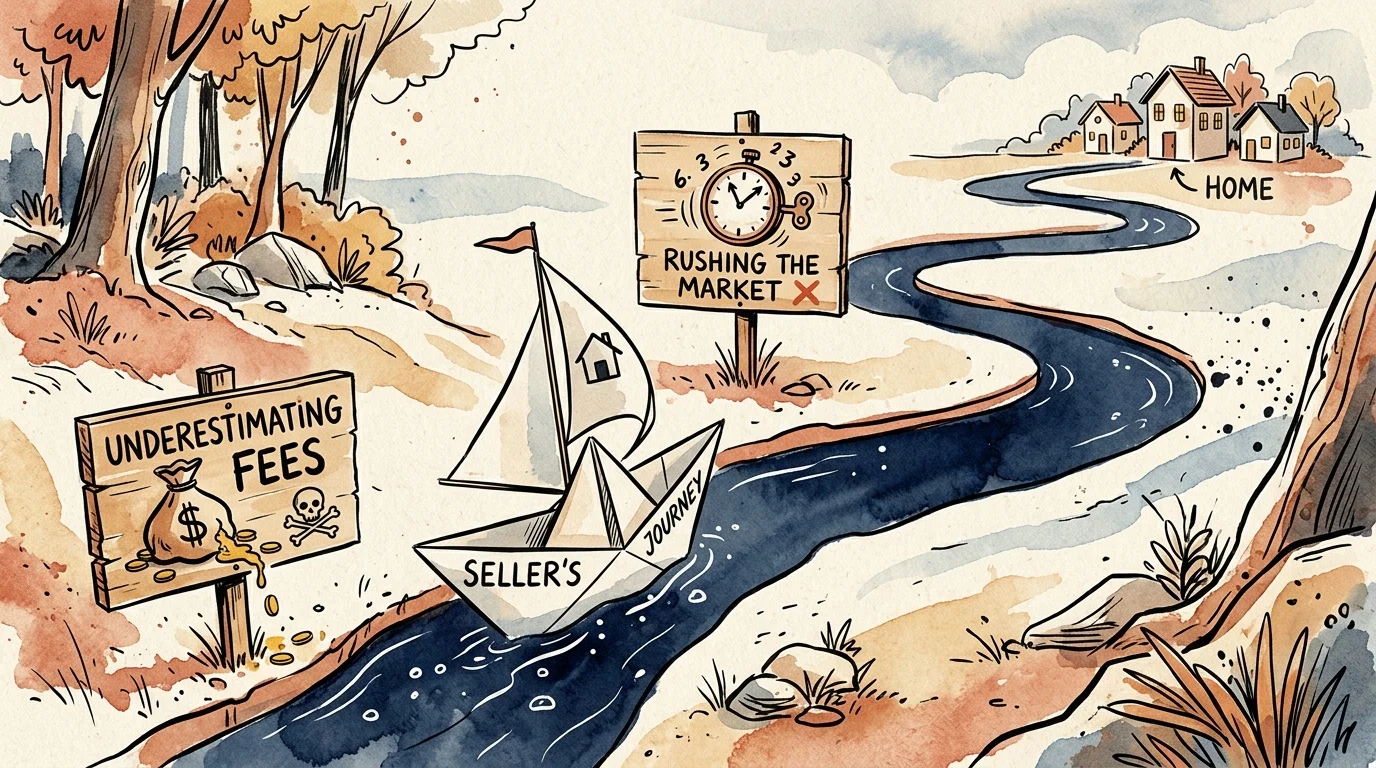 A watercolor illustration of a paper boat navigating a winding channel with warning signs representing common downsizing mistakes.