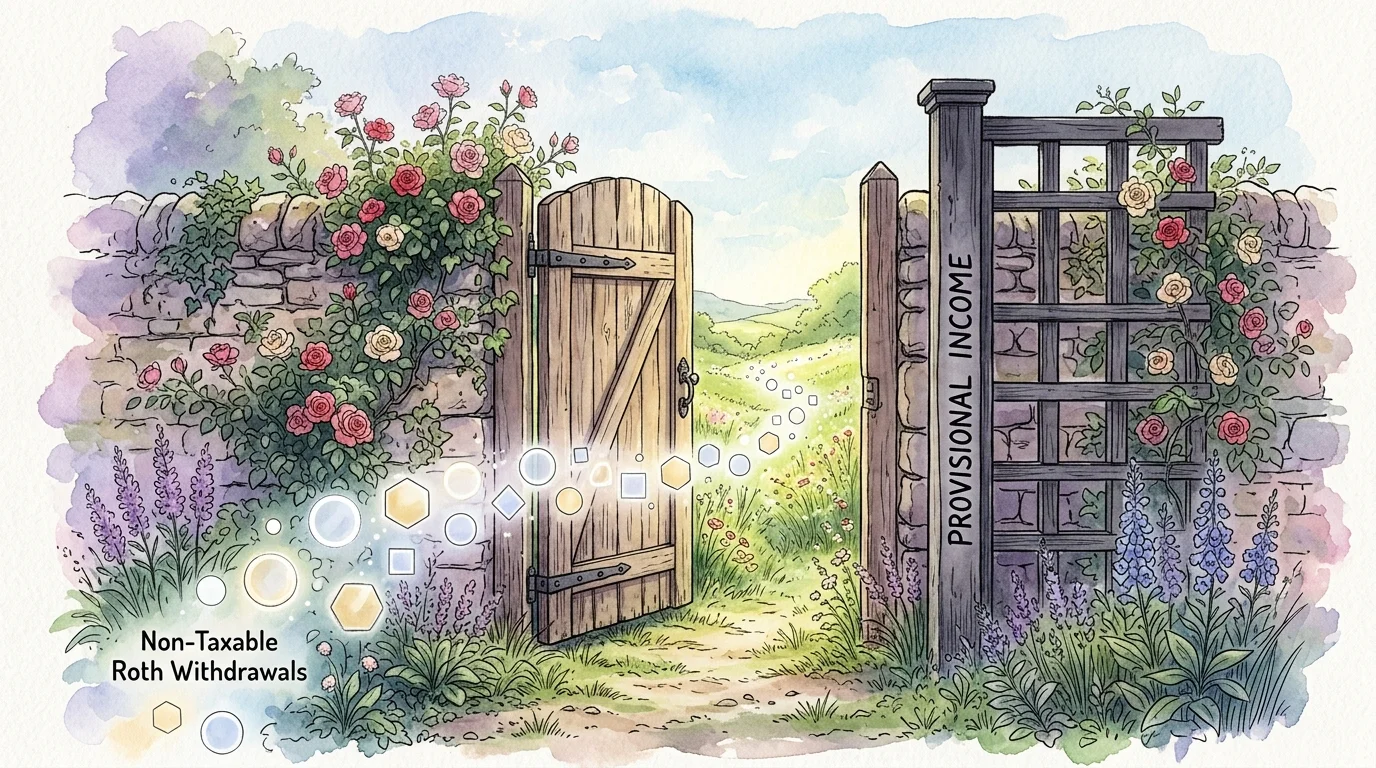 A watercolor illustration of glowing shapes passing through an open garden gate, bypassing a dark trellis.