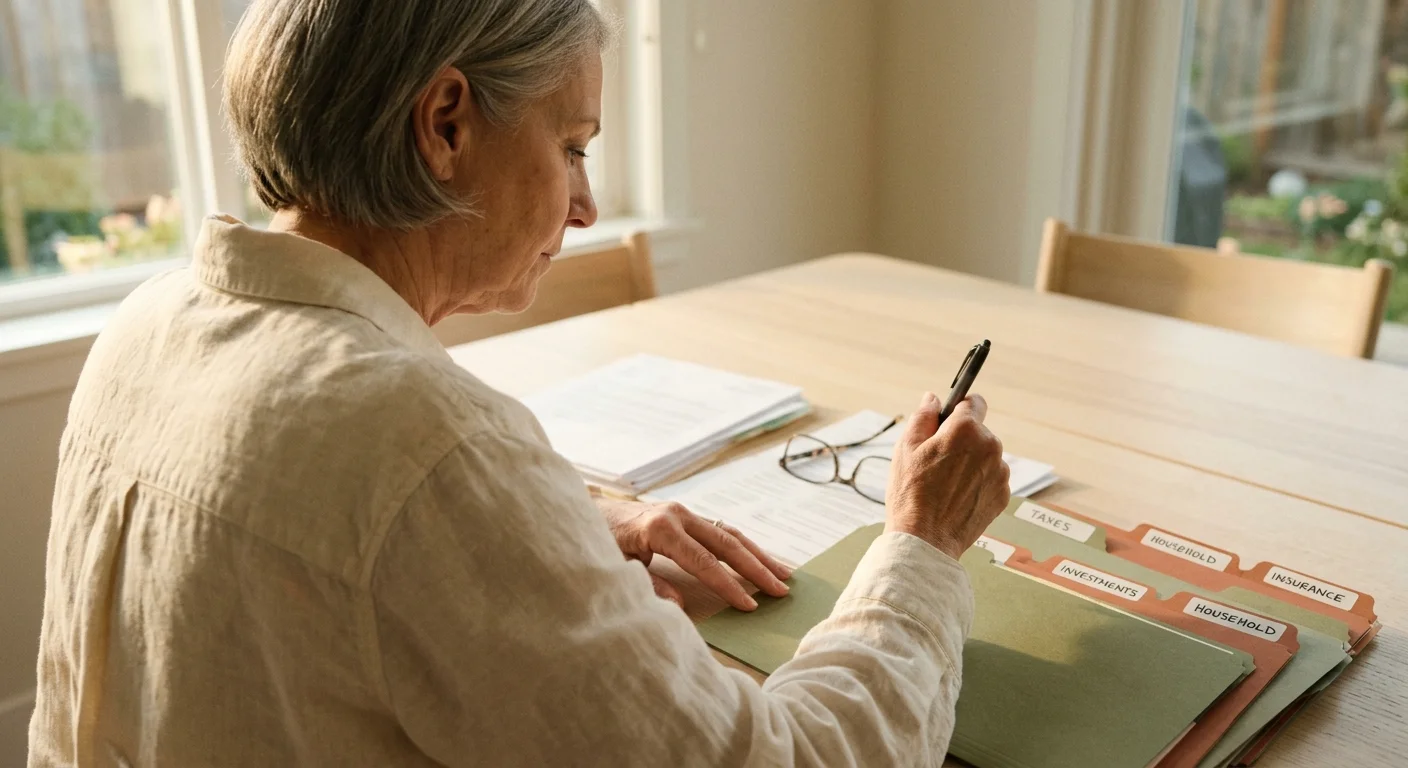 A woman organizes her financial folders in a sun-drenched home office, symbolizing a proactive retirement plan review.