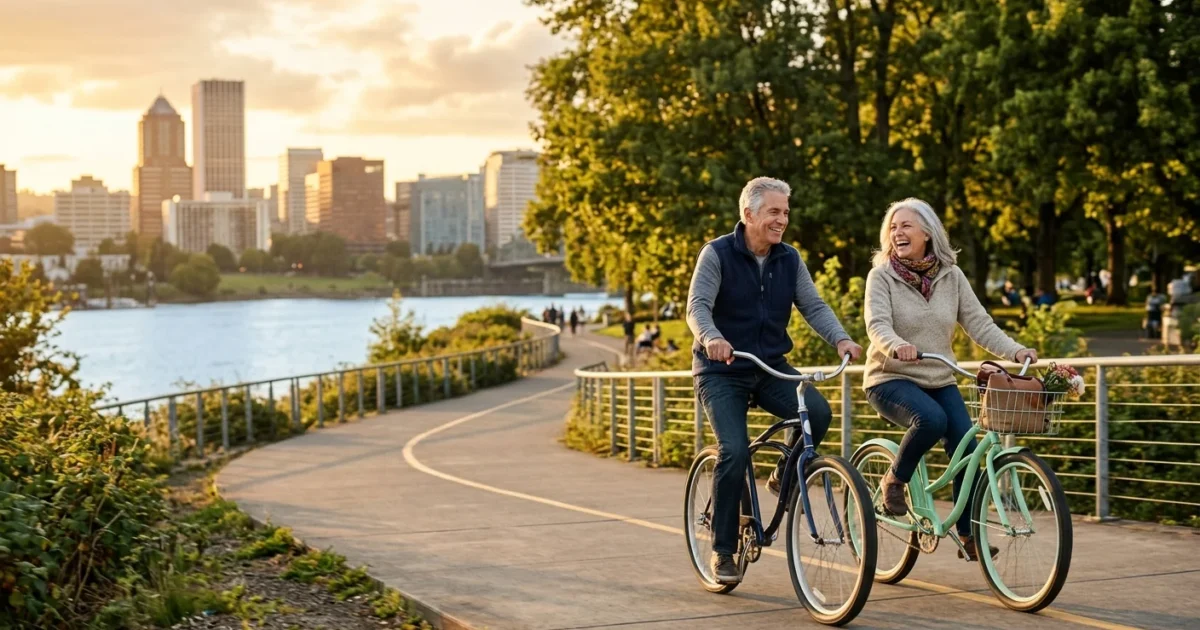 An active older couple rides bicycles along a scenic riverfront path in a vibrant, affordable mid-sized city during golden hour.