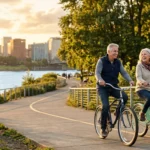 An active older couple rides bicycles along a scenic riverfront path in a vibrant, affordable mid-sized city during golden hour.