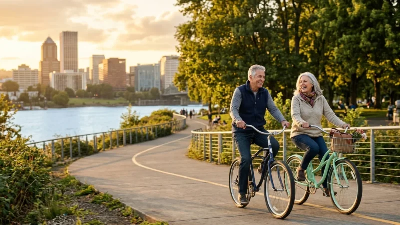 An active older couple rides bicycles along a scenic riverfront path in a vibrant, affordable mid-sized city during golden hour.
