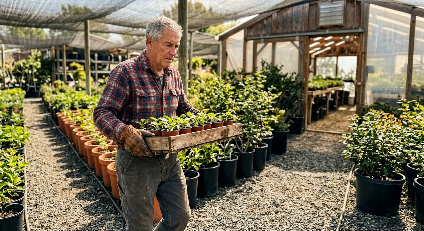 An active older man in casual workwear carrying a flat of plants at a sunlit nursery, working part-time.