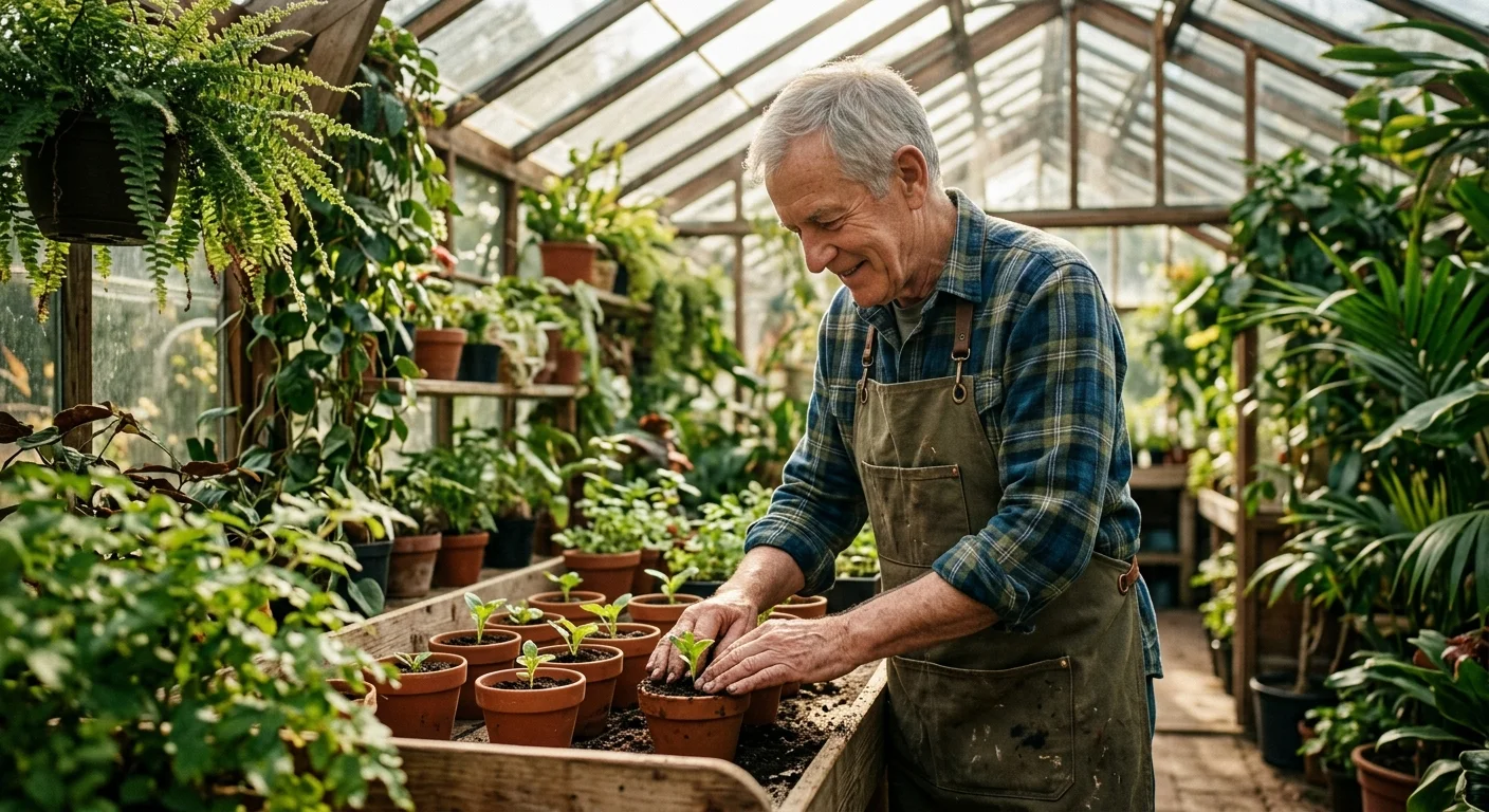 An active senior man contentedly potting green plants in a sun-drenched nursery greenhouse.