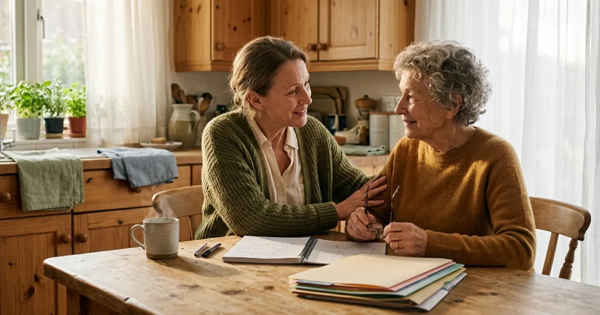 An adult woman and an elderly woman sit at a kitchen table with notebooks and file folders, talking warmly.