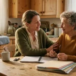 An adult woman and an elderly woman sit at a kitchen table with notebooks and file folders, talking warmly.
