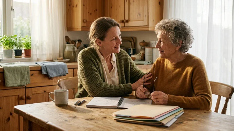 An adult woman and an elderly woman sit at a kitchen table with notebooks and file folders, talking warmly.