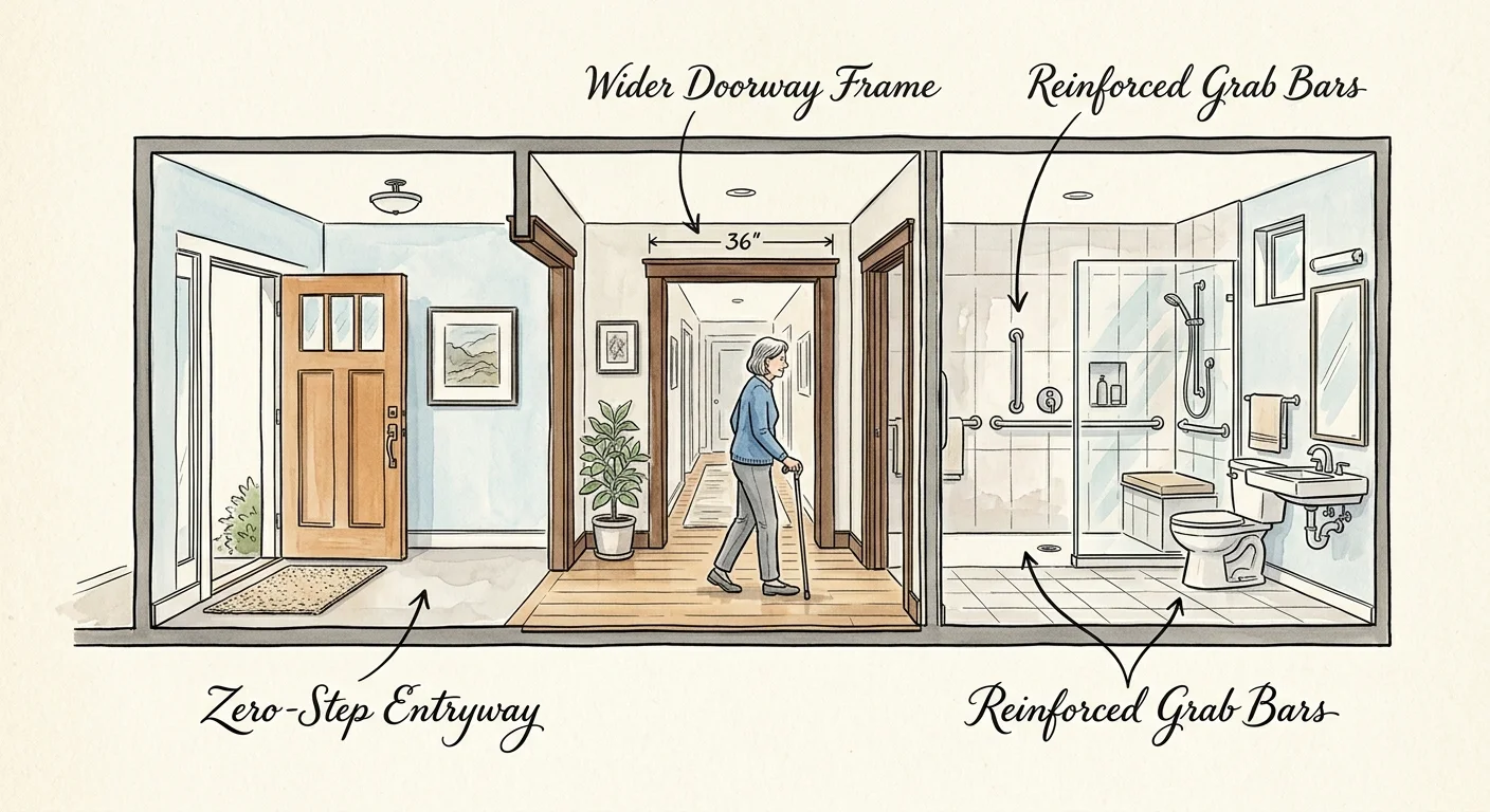 An architectural cross-section illustration highlighting safety features like grab bars and zero-step entryways.
