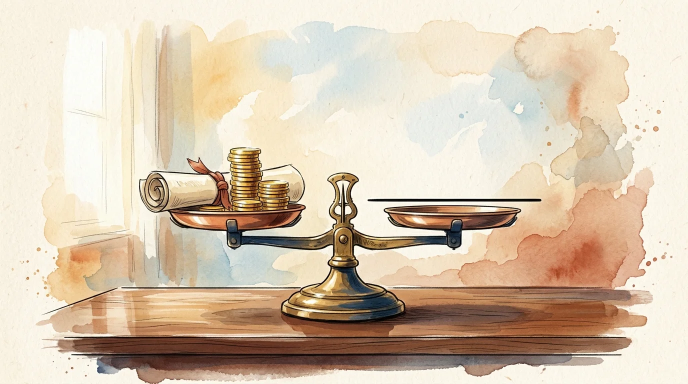 An artistic illustration of a vintage brass scale balancing coins and a document, representing financial limits.