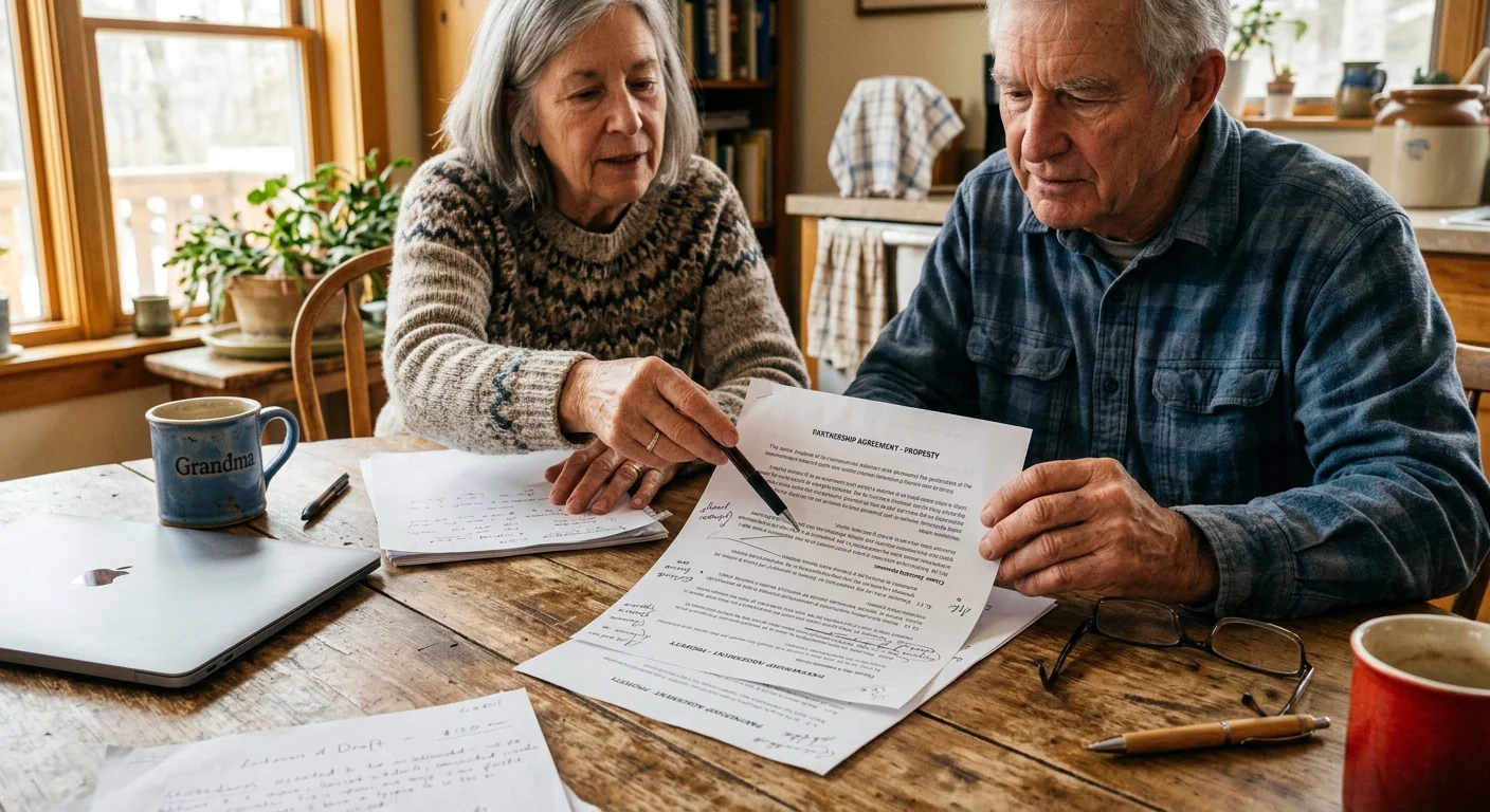 An authentic snapshot of two siblings reviewing legal papers at a rustic kitchen table with coffee mugs.