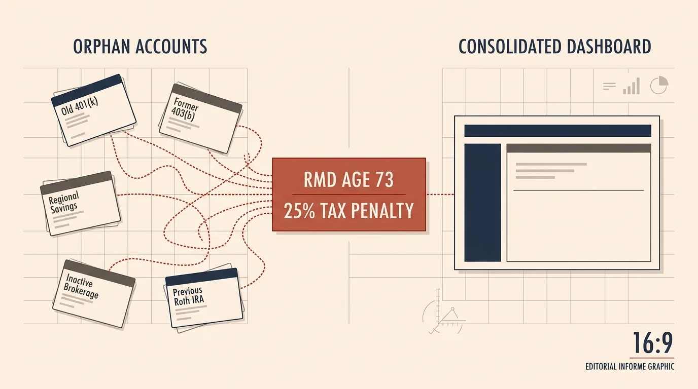 An editorial diagram comparing scattered orphan financial accounts prone to tax penalties with a single consolidated dashboard.