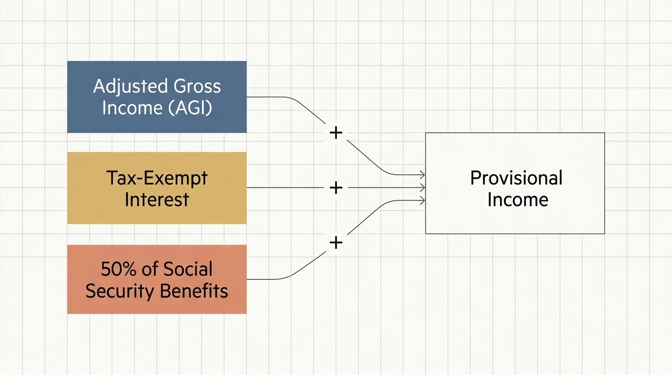 An editorial diagram showing the formula: Adjusted Gross Income plus Tax-Exempt Interest plus 50% of Social Security equals Provisional Inco