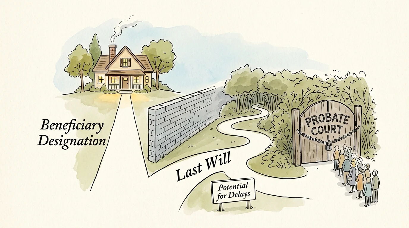 An editorial illustration comparing the direct path of beneficiary designations to the delayed path of a will stuck in probate court.