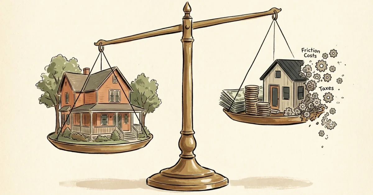 An editorial illustration of a large house balancing against a smaller cottage and shrinking savings on a scale.