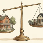 An editorial illustration of a large house balancing against a smaller cottage and shrinking savings on a scale.