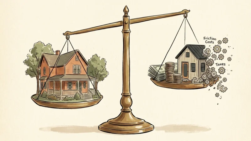 An editorial illustration of a large house balancing against a smaller cottage and shrinking savings on a scale.