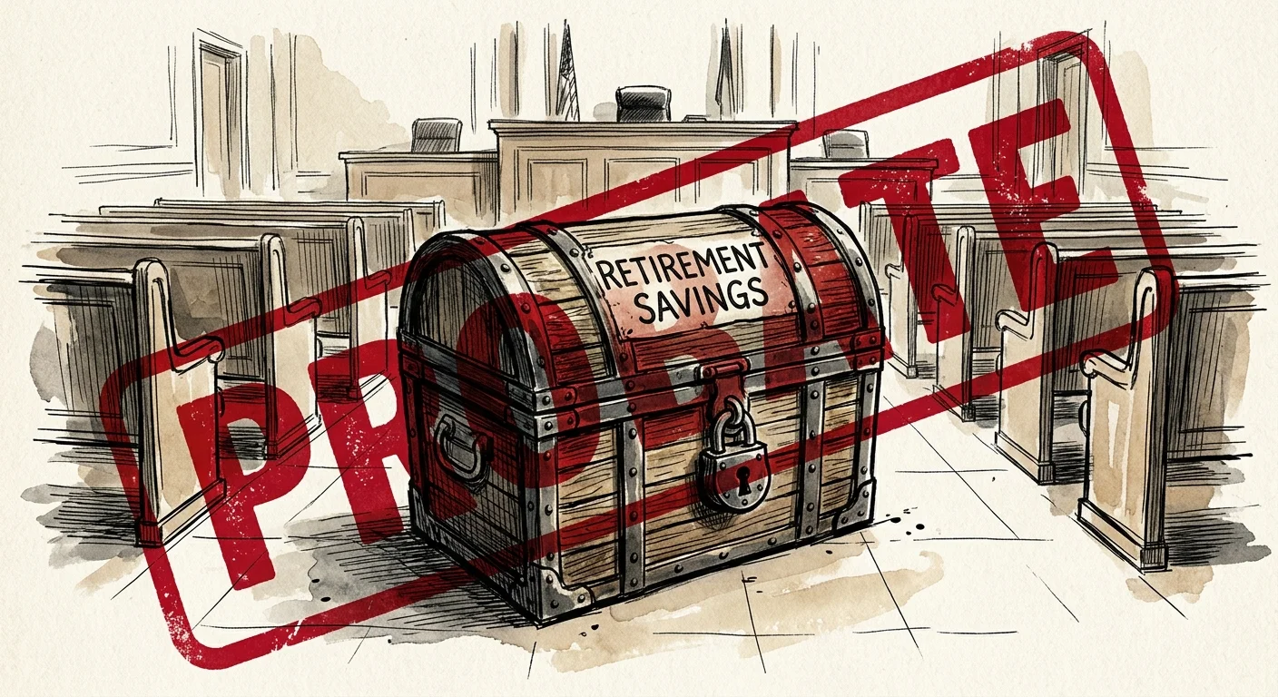 An editorial illustration of a locked retirement chest in an empty courtroom with a red probate stamp.