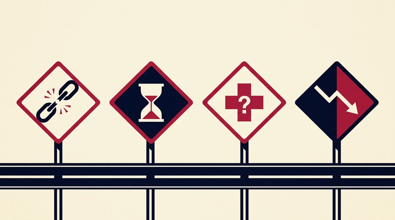 An editorial illustration of a road with four graphic warning signs, depicting the common pitfalls of early retirement.