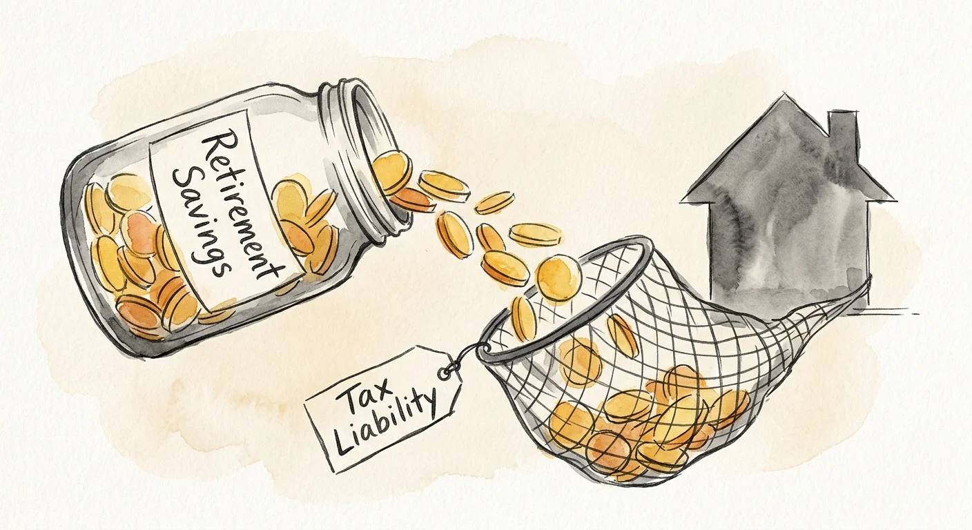 An editorial illustration of retirement savings being poured into a house purchase, with a portion caught by a tax net.