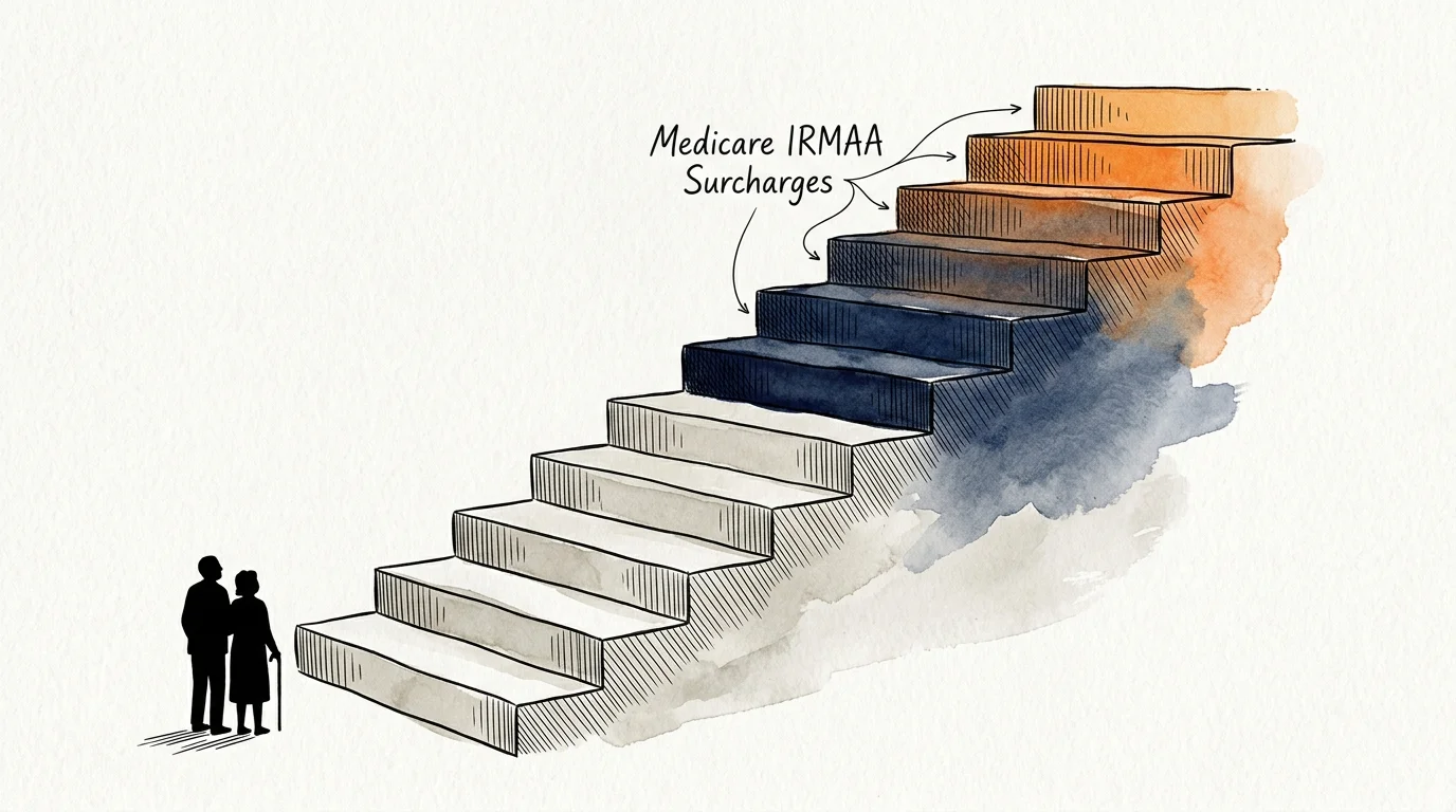 An editorial illustration of rising stone steps symbolizing income brackets and Medicare IRMAA surcharges.