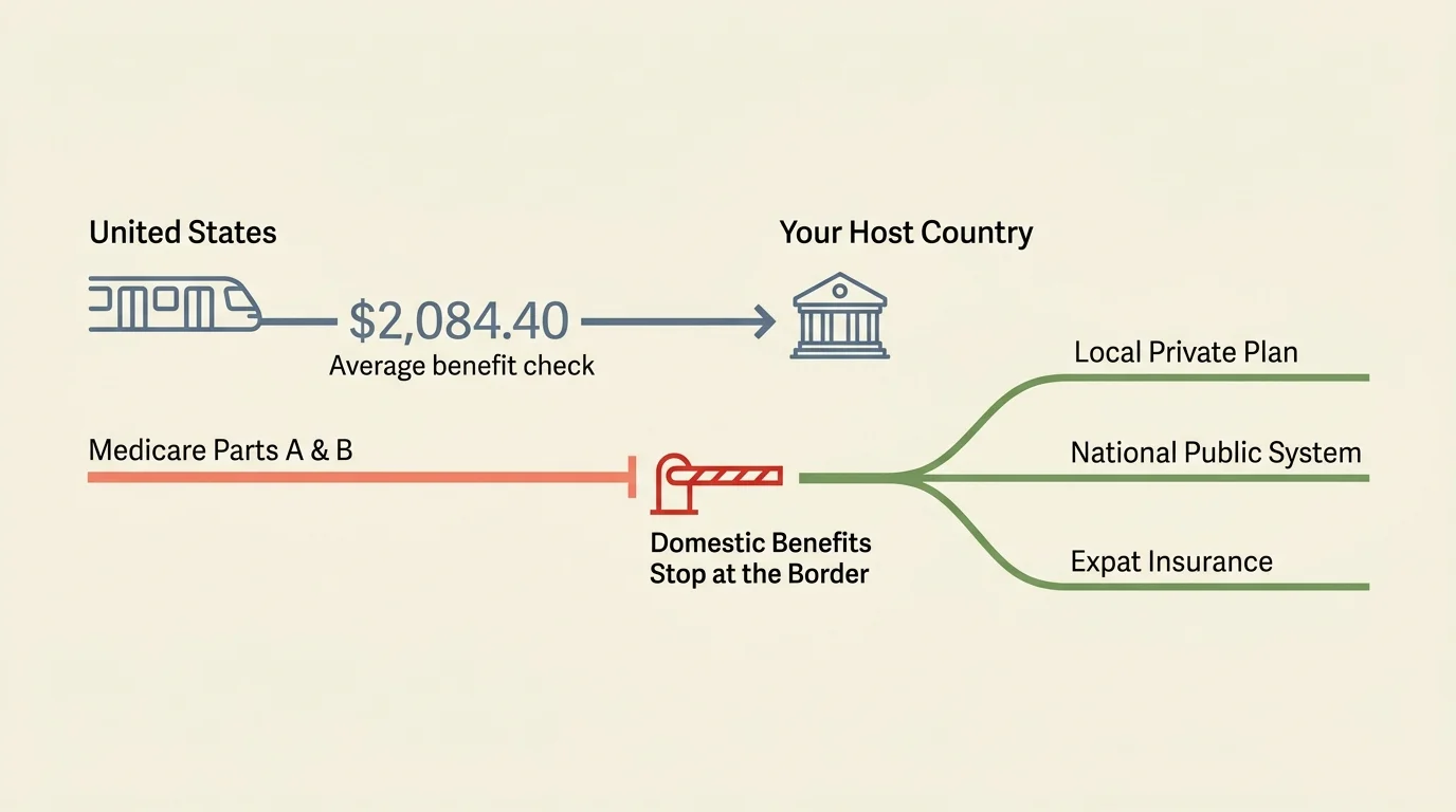 An editorial infographic diagram illustrating how Social Security payments transfer abroad while Medicare benefits stop at the border.