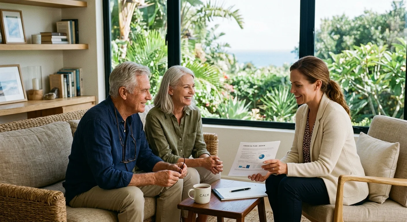 An editorial photo of an older couple consulting with a professional advisor in a bright, tropical coastal office setting.