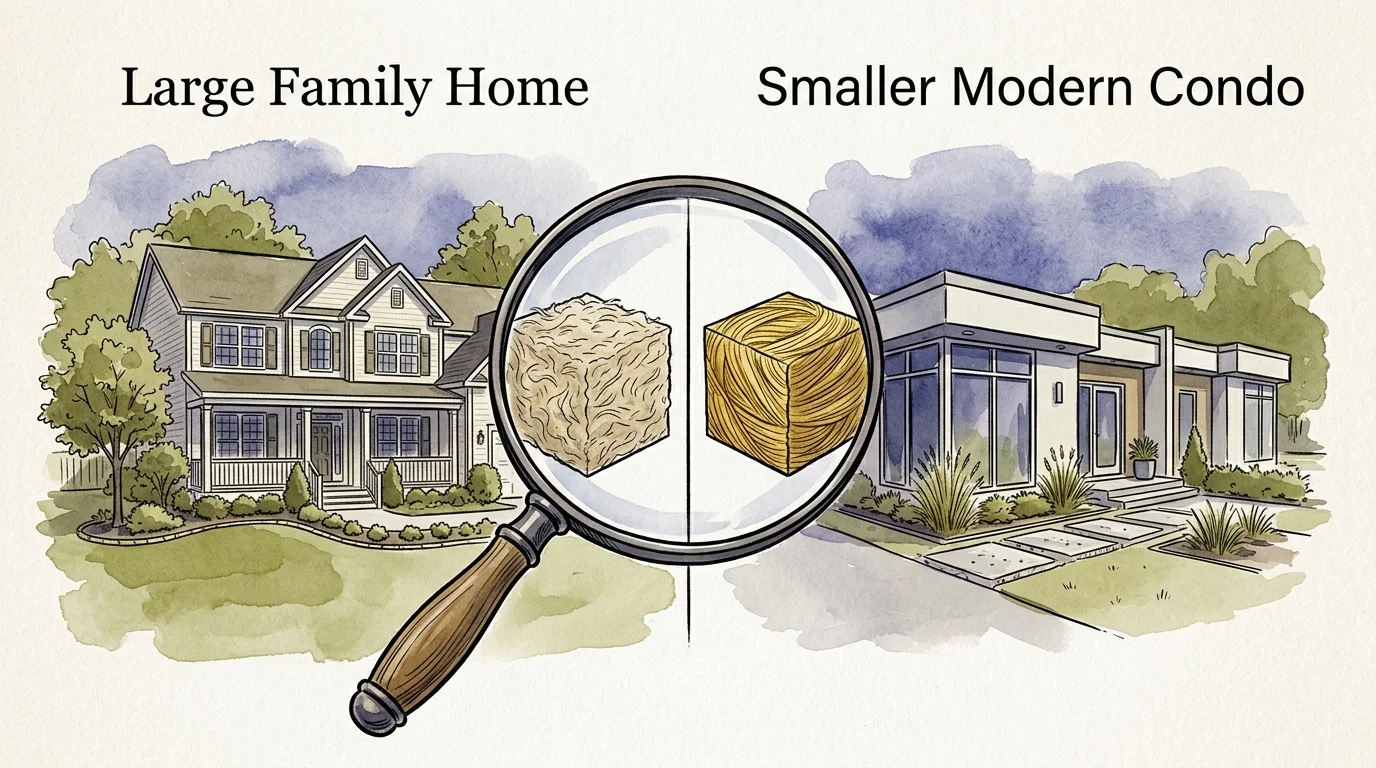 An editorial watercolor illustration comparing the high price-per-square-foot of a small modern condo to a larger family home.