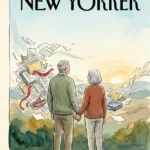 An editorial watercolor illustration of an older couple looking out at a clean horizon as messy paperwork behind them is swept away.