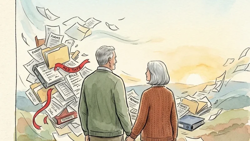 An editorial watercolor illustration of an older couple looking out at a clean horizon as messy paperwork behind them is swept away.