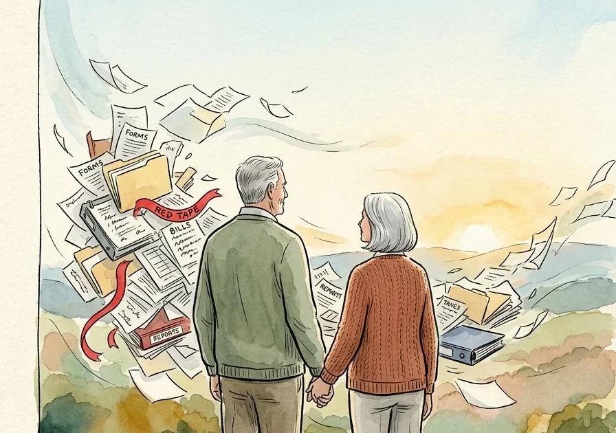 An editorial watercolor illustration of an older couple looking out at a clean horizon as messy paperwork behind them is swept away.