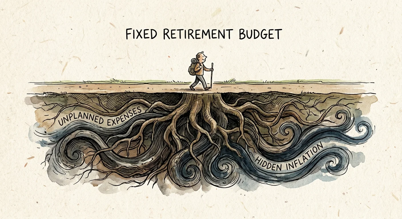 An editorial watercolor illustration showing a walker on a clear path with hidden roots labeled 'Unplanned Expenses' below.
