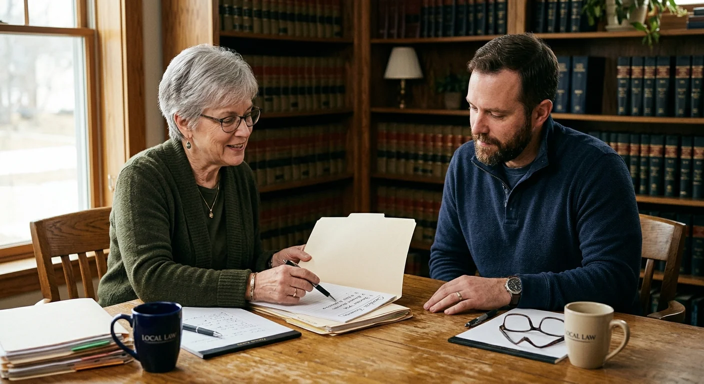 A senior woman and a younger man sit at a wooden table reviewing paperwork in an office lined with bookshelves.