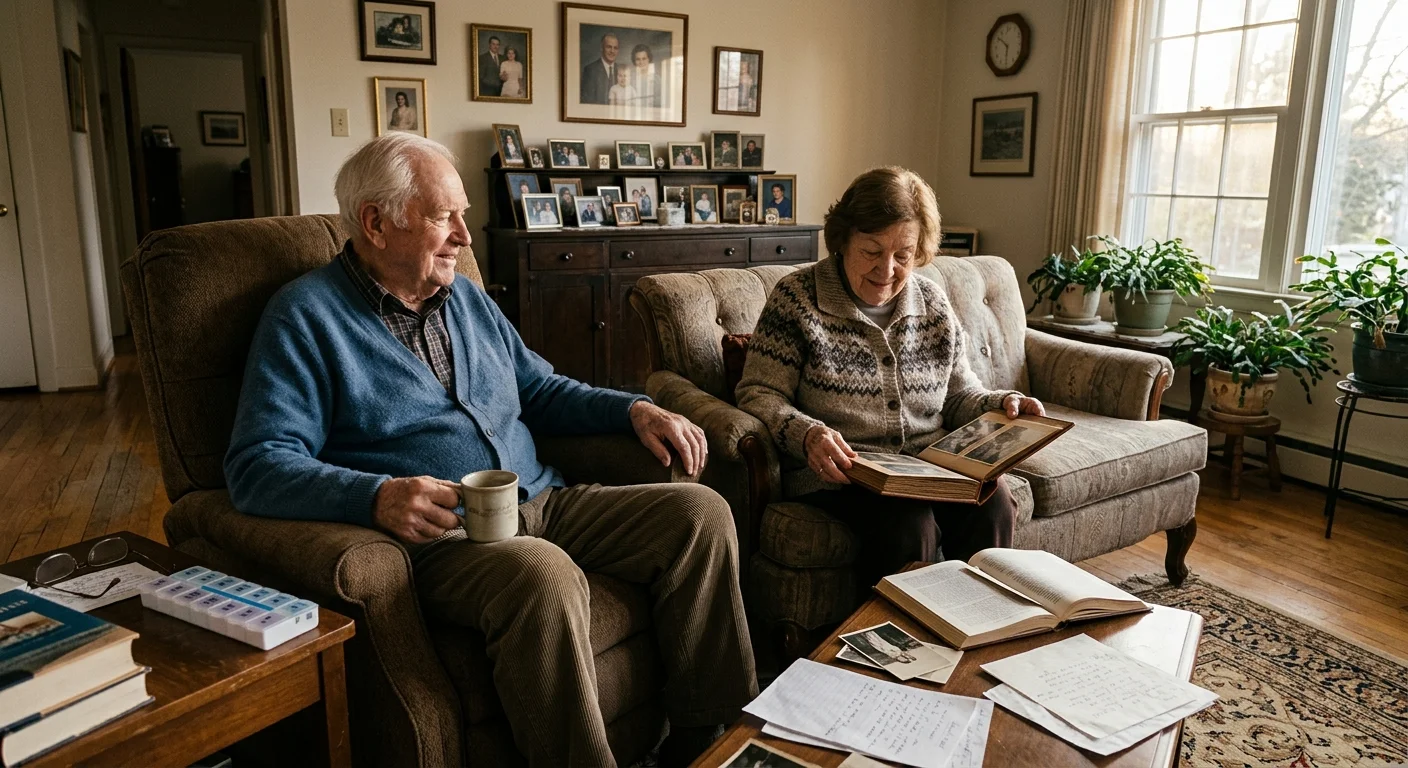 An elderly man with a mug sits in an armchair beside a woman looking at a photo album in a living room.