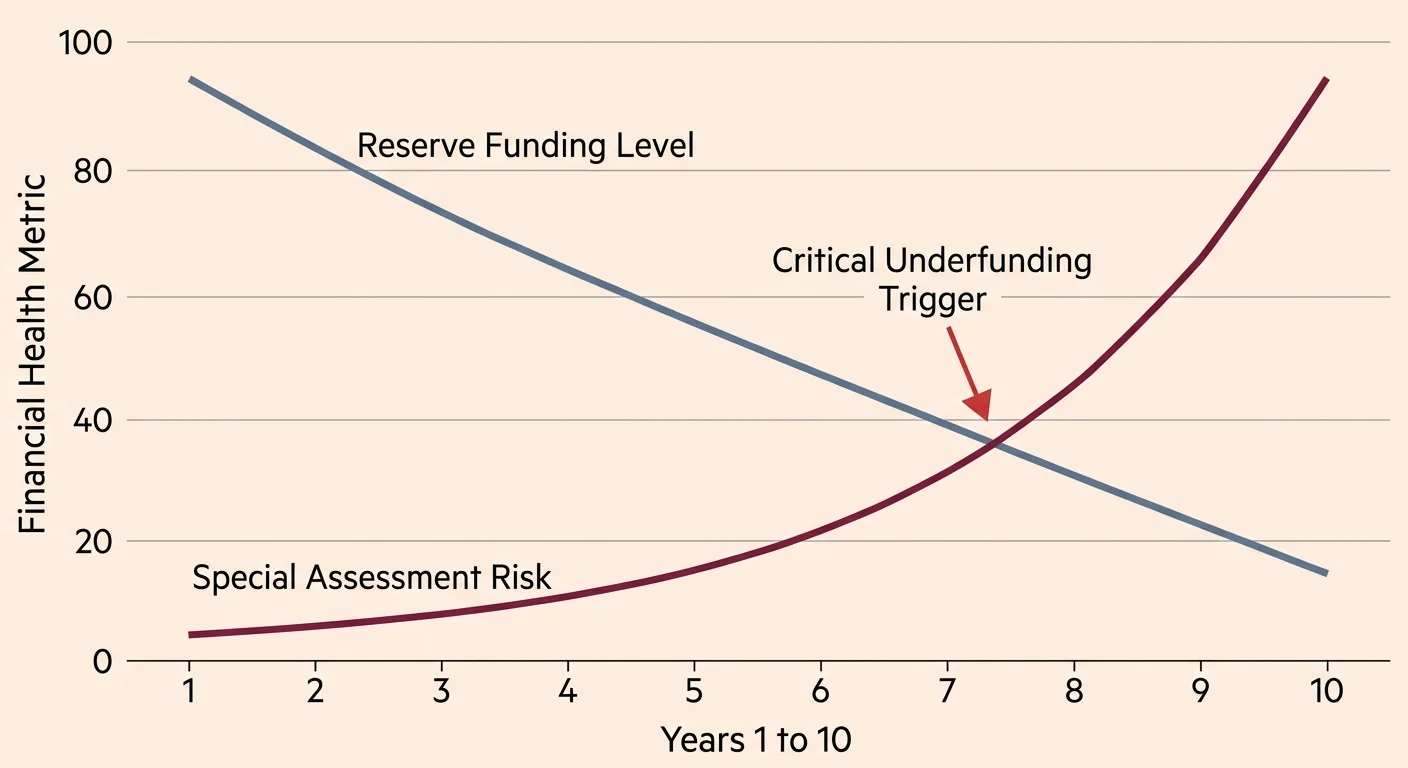 An elegant financial line chart showing HOA reserve levels decreasing as special assessment risks increase over ten years.