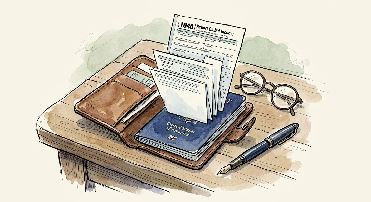 An elegant ink and watercolor illustration showing a US passport next to a Form 1040 tax document, symbolizing global income taxes.