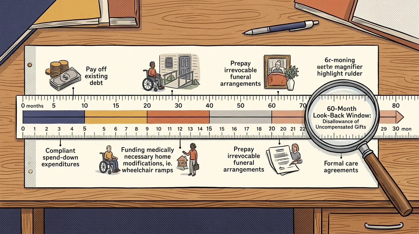 Timeline ruler with spend-down expense icons and a magnifying glass focusing on a 60-month look-back window.
