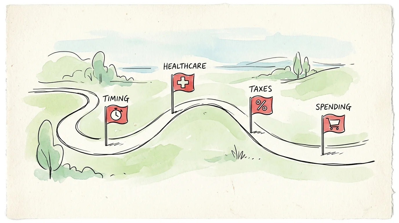 An illustrated map showing a winding path with four red flags representing key financial obstacles to avoid in retirement.