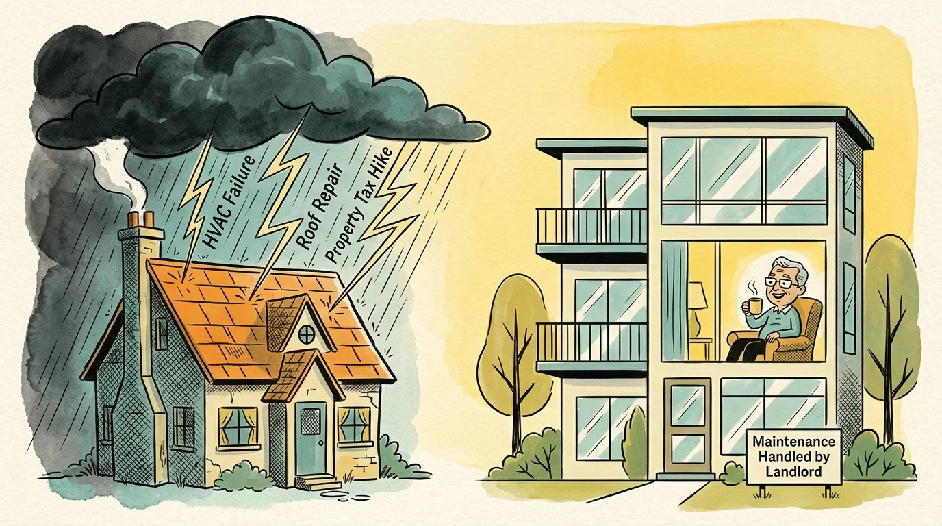 An illustration comparing a home under a storm of unexpected maintenance costs with a peaceful rental apartment building.