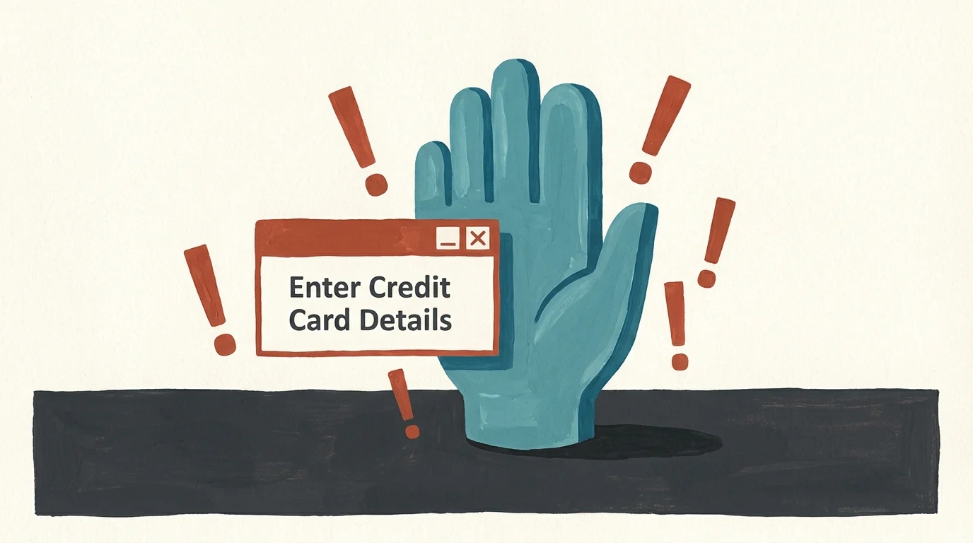 An illustration of a blue shield blocking a credit card prompt and warning signs, representing fraud prevention.