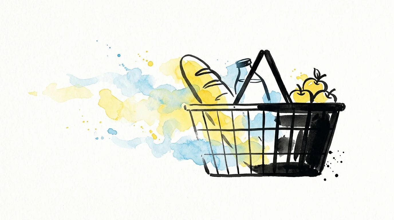 An illustration of a grocery basket dissolving into watercolor mist, representing the eroding power of inflation.