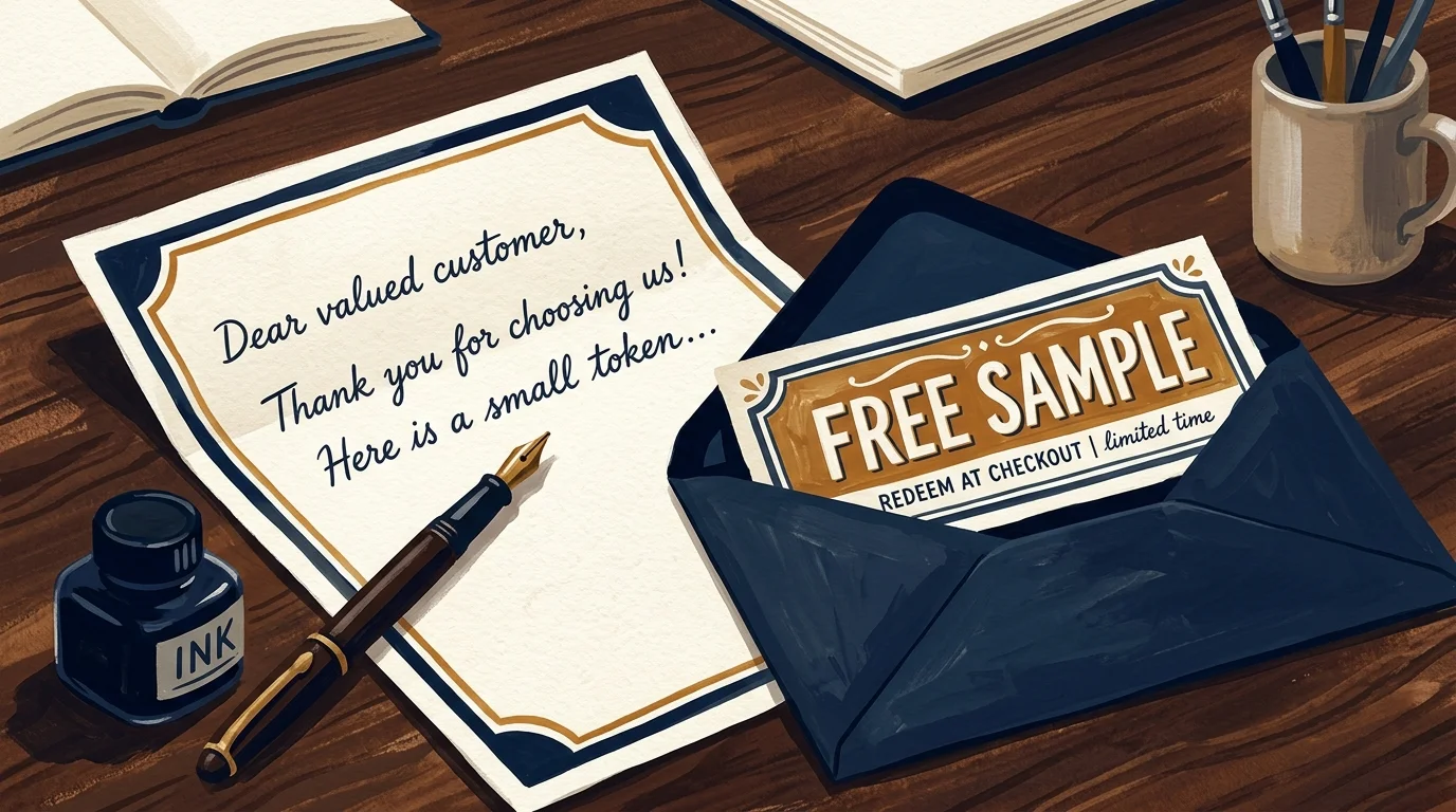 An illustration of a handwritten letter and a fountain pen on a desk, with a coupon peeking out of an envelope.
