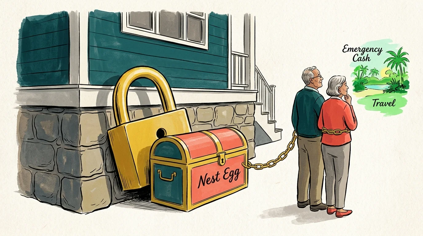 An illustration of a nest egg chest locked to a house foundation, preventing a retired couple from reaching their cash savings.