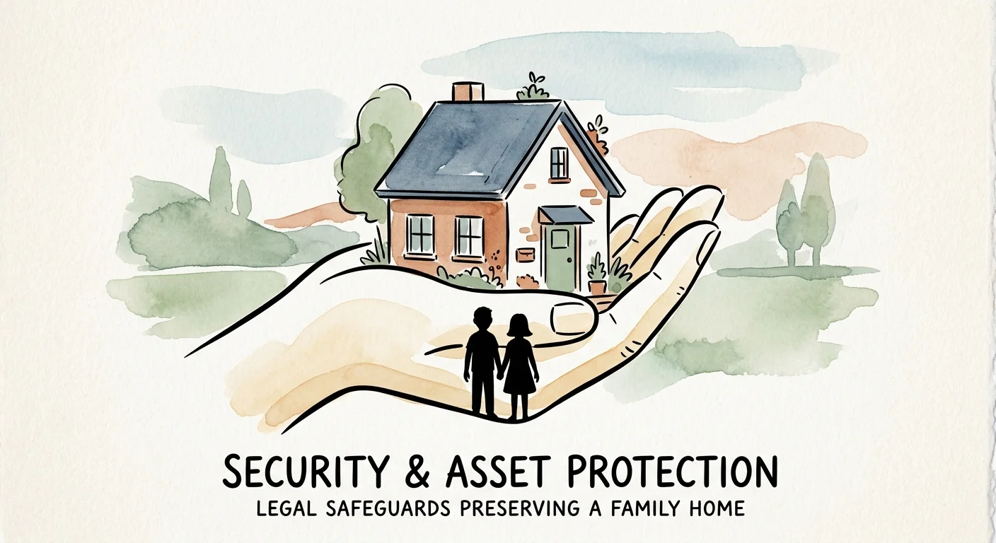 An illustration of a small cottage cradled safely in a large hand with sibling silhouettes, symbolizing home protection.