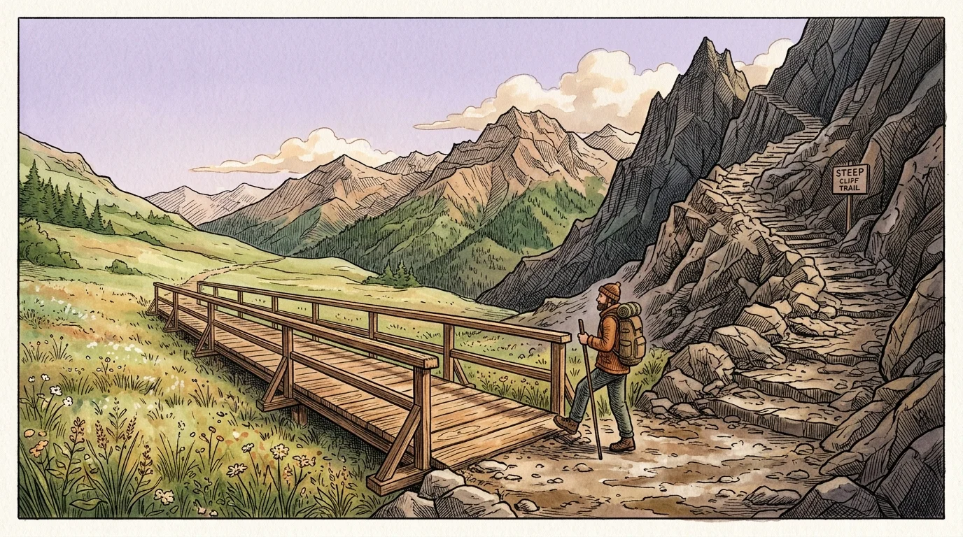 An illustration of a traveler choosing a flat wooden boardwalk over a steep rocky path, symbolizing a shift to lower risk.