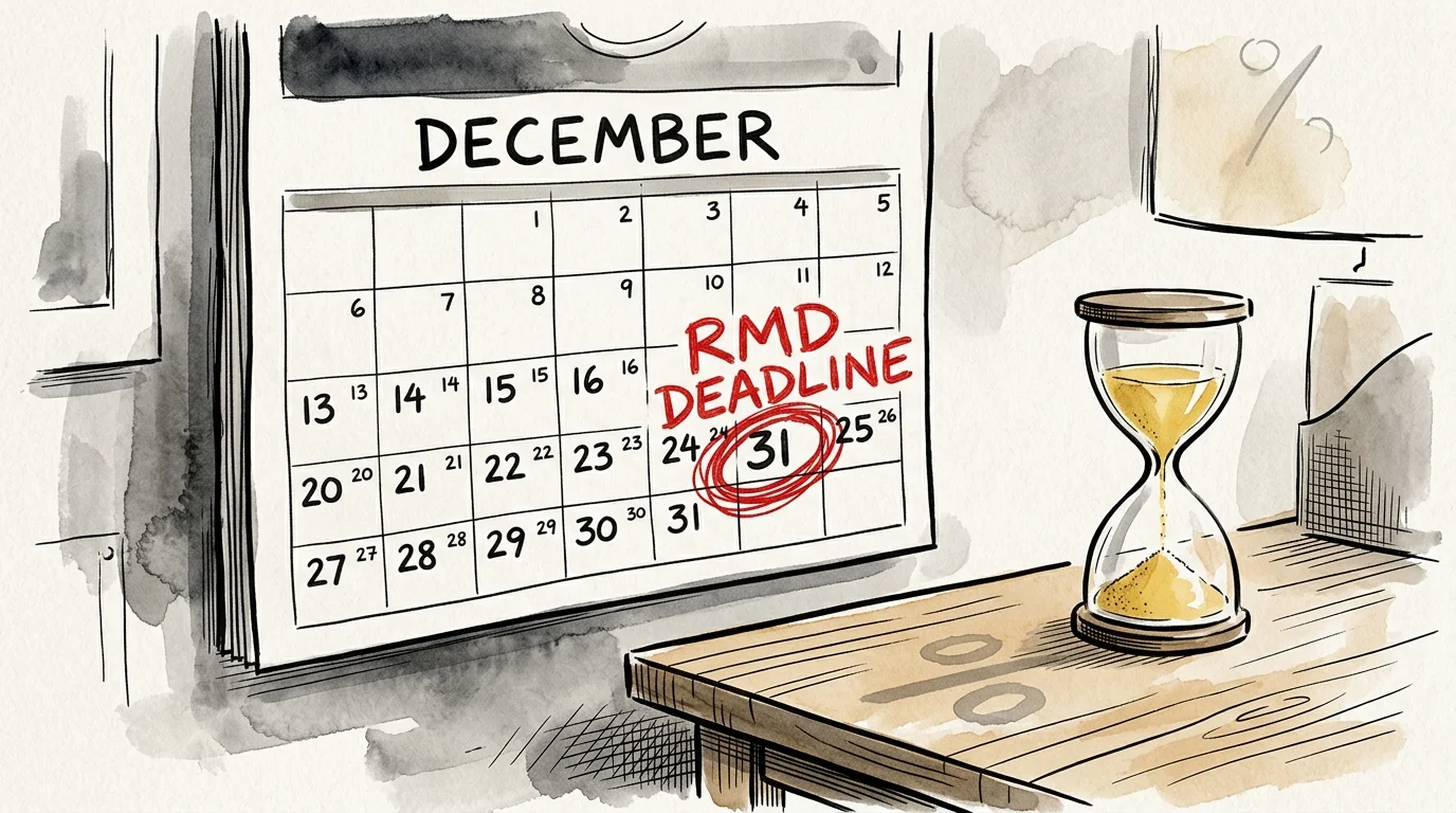 An illustration of a wall calendar with a date circled in red next to an hourglass, representing the urgency of retirement deadlines.