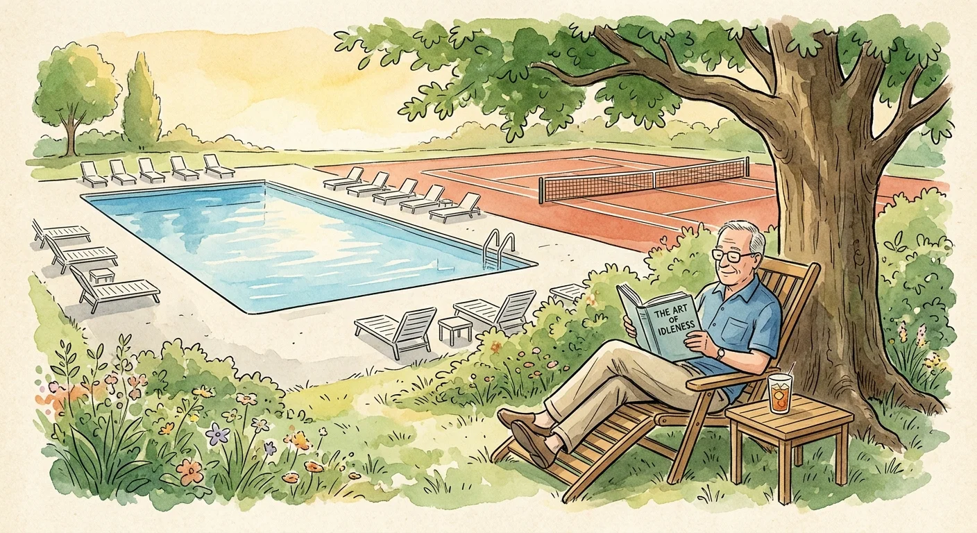 An illustration of an older man reading peacefully in the shade, ignoring an empty swimming pool and tennis court nearby.