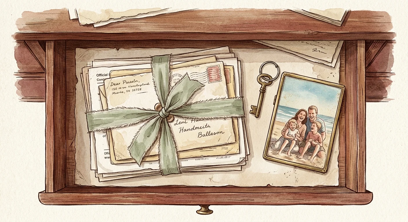 An illustration of an open desk drawer with family documents tied in ribbon next to an old family photo.