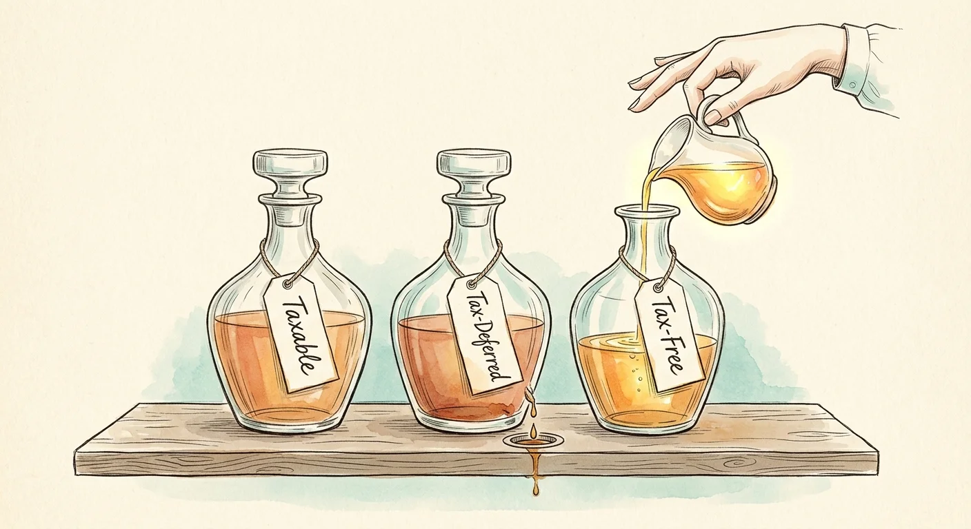 An illustration of three glass decanters labeled Taxable, Tax-Deferred, and Tax-Free, showing liquid being poured to represent tax planning.