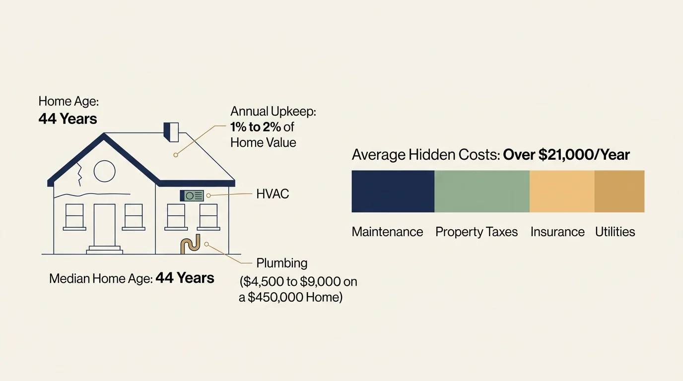 An infographic breakdown showing that aging homes require 1% to 2% of value for maintenance, totaling over $21,000 in average hidden annual 