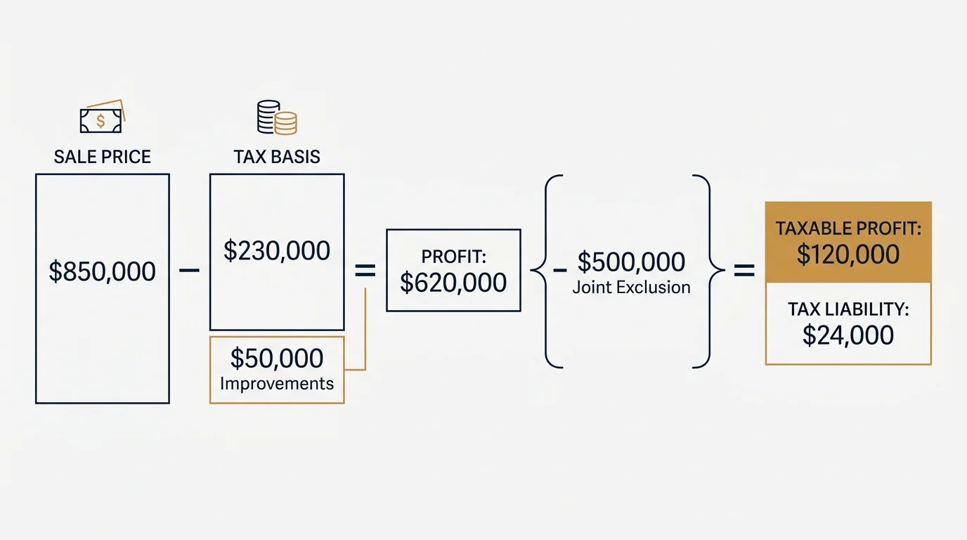 An infographic calculating the capital gains tax liability for a home sale, showing a twenty-four thousand dollar tax bill.